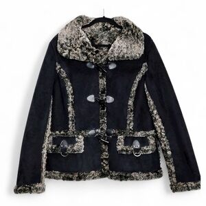 Women's REVERSIBLE Black and Gray Faux Fur Trim Jacket